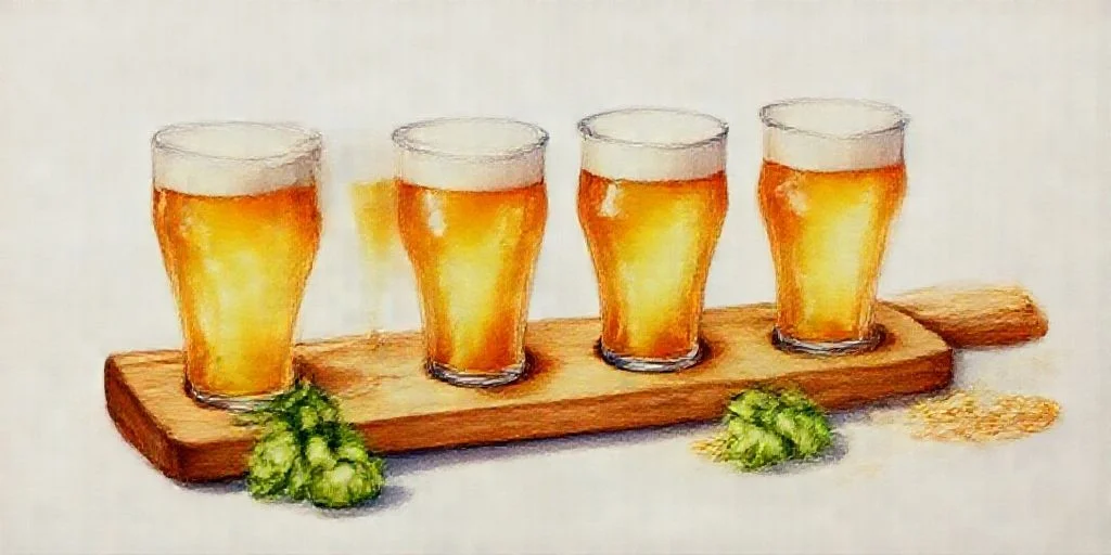 Craft beer flight — four golden IPAs on a wooden paddle
